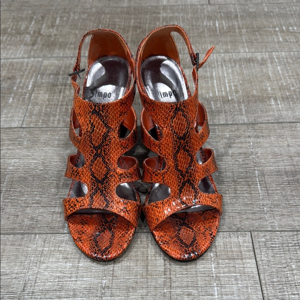 Impo Orange Snakeskin Heels with Intricate Cut-Out Design